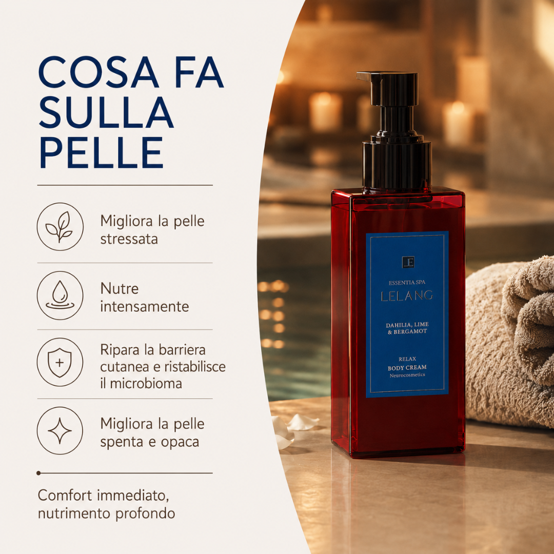 Cosa fa sulla pelle la crema corpo Lelang Essentia Spa Relax: migliora la pelle stressata, nutre intensamente, ripara la barriera cutanea e ristabilisce il microbioma