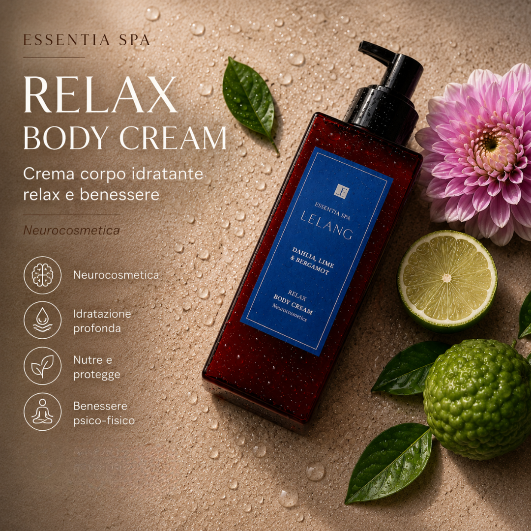 Crema corpo idratante Lelang Essentia Spa Relax Body Cream neurocosmetica per relax e benessere con idratazione profonda, nutrimento e benessere psico-fisico