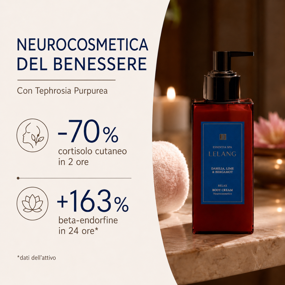 Crema corpo Lelang Essentia Spa Relax neurocosmetica del benessere con Tephrosia Purpurea che riduce il cortisolo cutaneo del 70% in 2 ore e aumenta le beta-endorfine del 163% in 24 ore