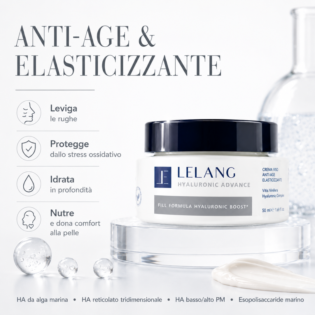 Crema viso anti-age ed elasticizzante Lelang Hyaluronic Advance con Fill Formula Hyaluronic Boost: leviga le rughe, protegge dallo stress ossidativo, idrata in profondità e nutre donando comfort alla pelle