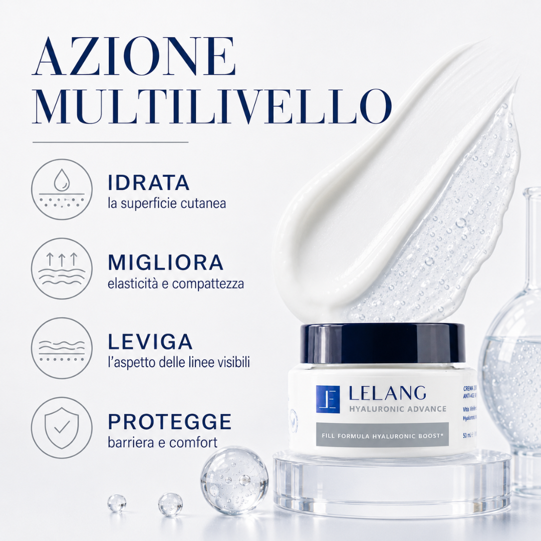 Crema viso Lelang Hyaluronic Advance ad azione multilivello: idrata, migliora l'elasticità, leviga e protegge la pelle