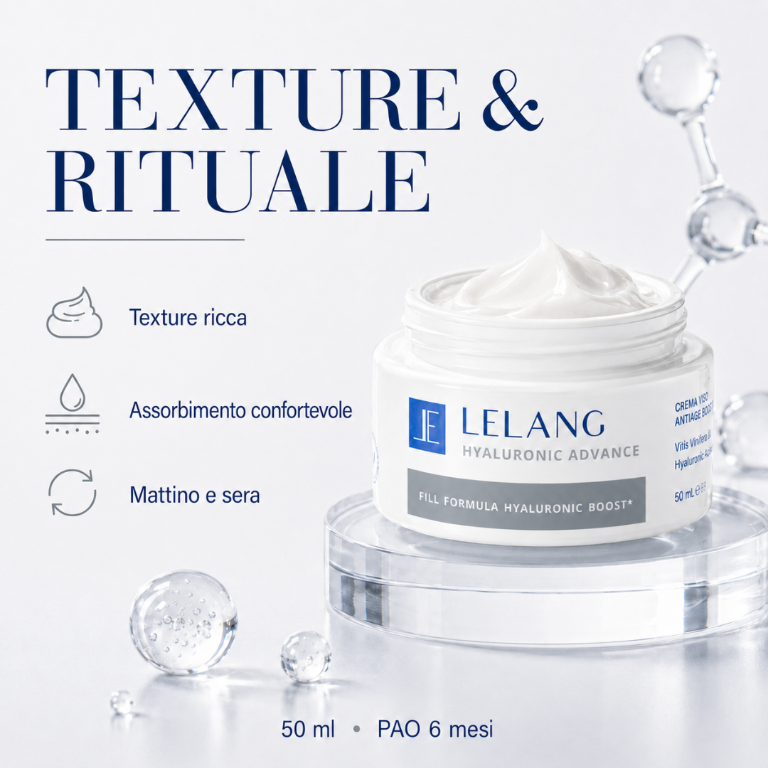 Texture e rituale d'uso della crema viso Lelang Hyaluronic Advance: texture ricca, assorbimento confortevole, applicazione mattino e sera, 50 ml con PAO 6 mesi