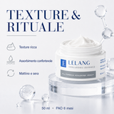 Texture e rituale d'uso della crema viso Lelang Hyaluronic Advance: texture ricca, assorbimento confortevole, applicazione mattino e sera, 50 ml con PAO 6 mesi