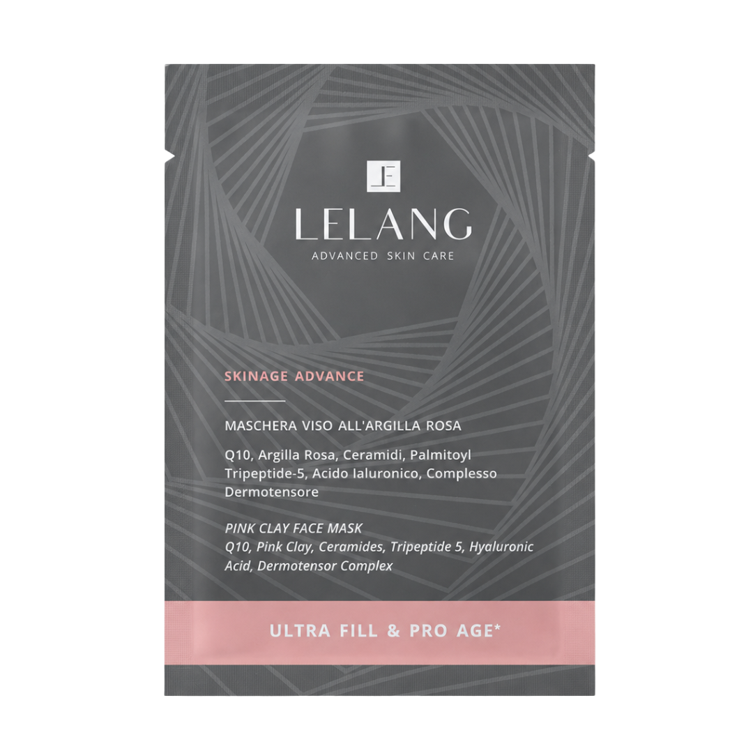 Bustina LeLang Skinage Advance maschera viso all'argilla rosa Ultra Fill & Pro Age con Q10, ceramidi, acido ialuronico e complesso dermotensore
