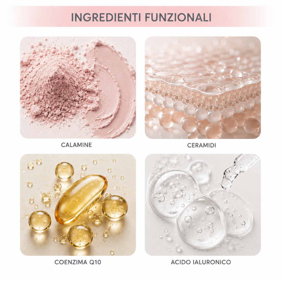 Ingredienti funzionali della maschera LeLang Skinage – calamine, ceramidi, coenzima Q10 e acido ialuronico