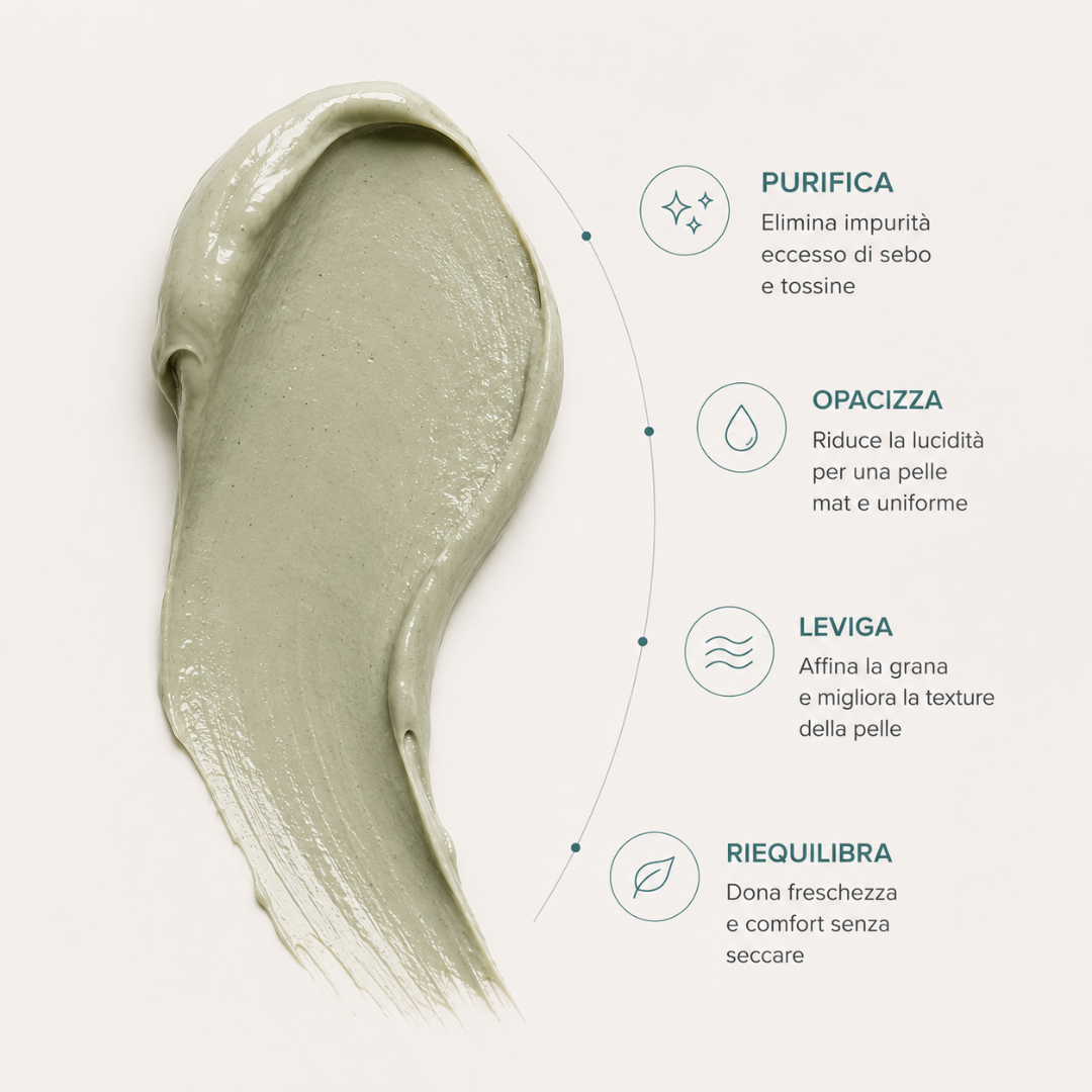Benefici della maschera all'argilla verde LeLang SkinPure Rebalance – purifica, opacizza, leviga e riequilibra la pelle donando freschezza senza seccare