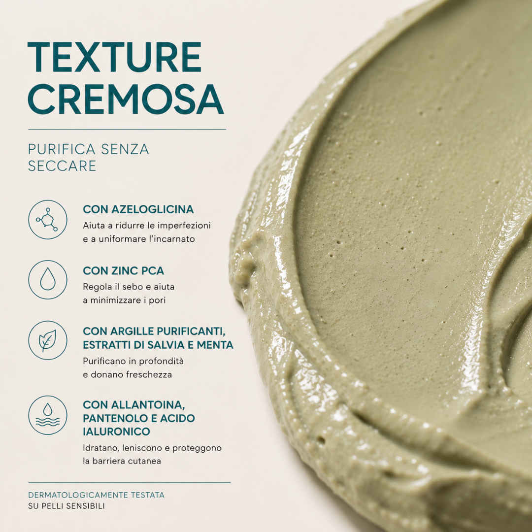 Texture cremosa verde della maschera purificante LeLang SkinPure Rebalance – purifica senza seccare con azeloglicina, zinc PCA, argille, salvia, menta, allantoina e acido ialuronico