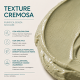 Texture cremosa verde della maschera purificante LeLang SkinPure Rebalance – purifica senza seccare con azeloglicina, zinc PCA, argille, salvia, menta, allantoina e acido ialuronico