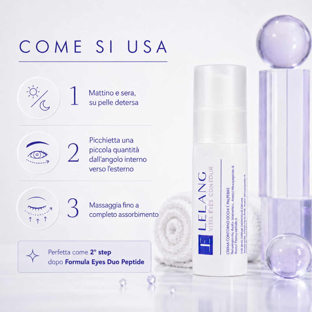 Come si usa la crema contorno occhi Lelang Vitis Eyes Contour: mattino e sera su pelle detersa, picchiettare una piccola quantità dall'angolo interno verso l'esterno e massaggiare fino a completo assorbimento, perfetta come 2° step dopo Formula Eyes Duo Peptide