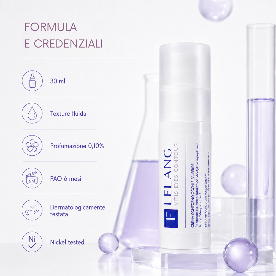 Formula e credenziali della crema contorno occhi Lelang Vitis Eyes Contour: 30 ml, texture fluida, profumazione 0,10%, PAO 6 mesi, dermatologicamente testata e nickel tested
