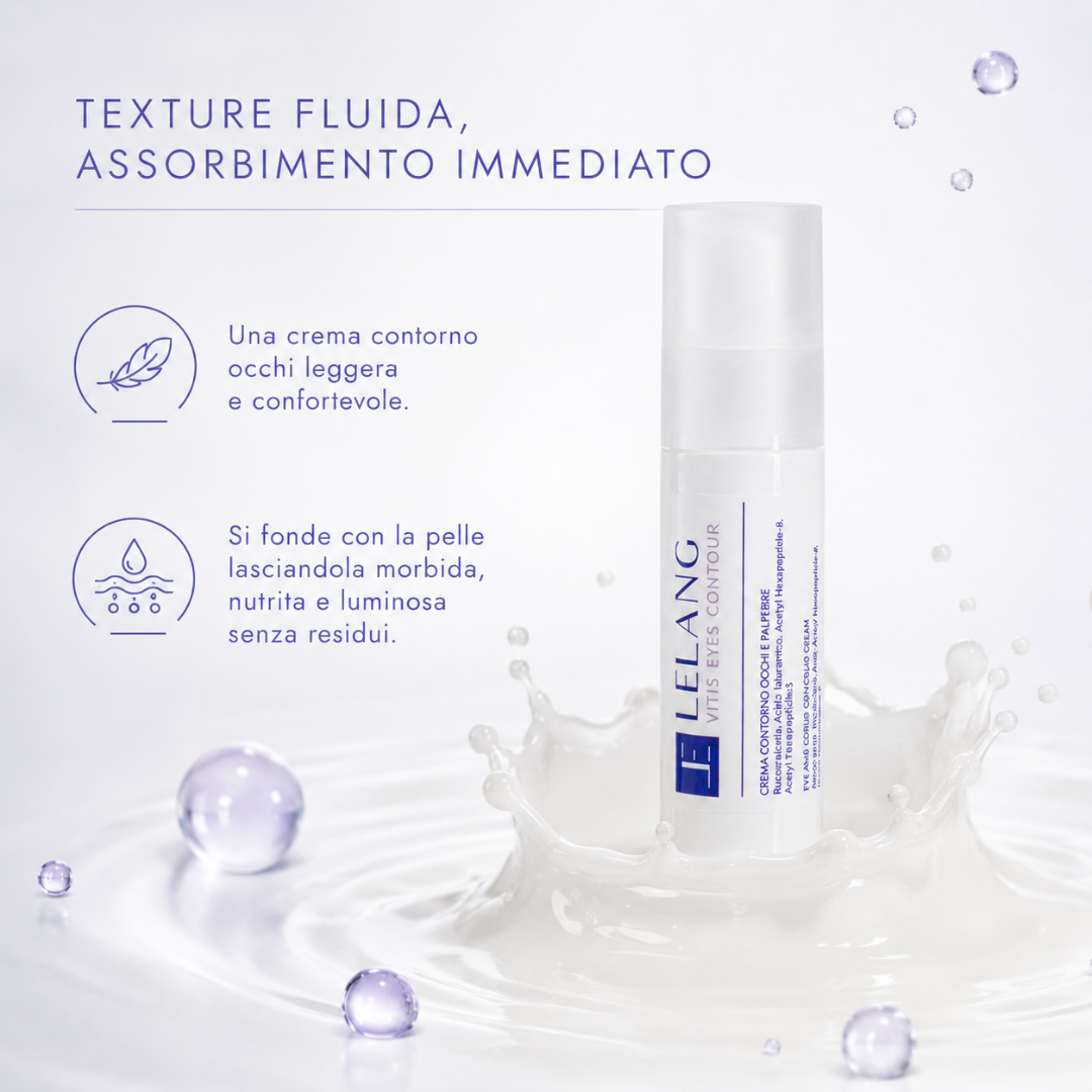 Crema contorno occhi Lelang Vitis Eyes Contour dalla texture fluida ad assorbimento immediato, leggera e confortevole che si fonde con la pelle lasciandola morbida, nutrita e luminosa senza residui