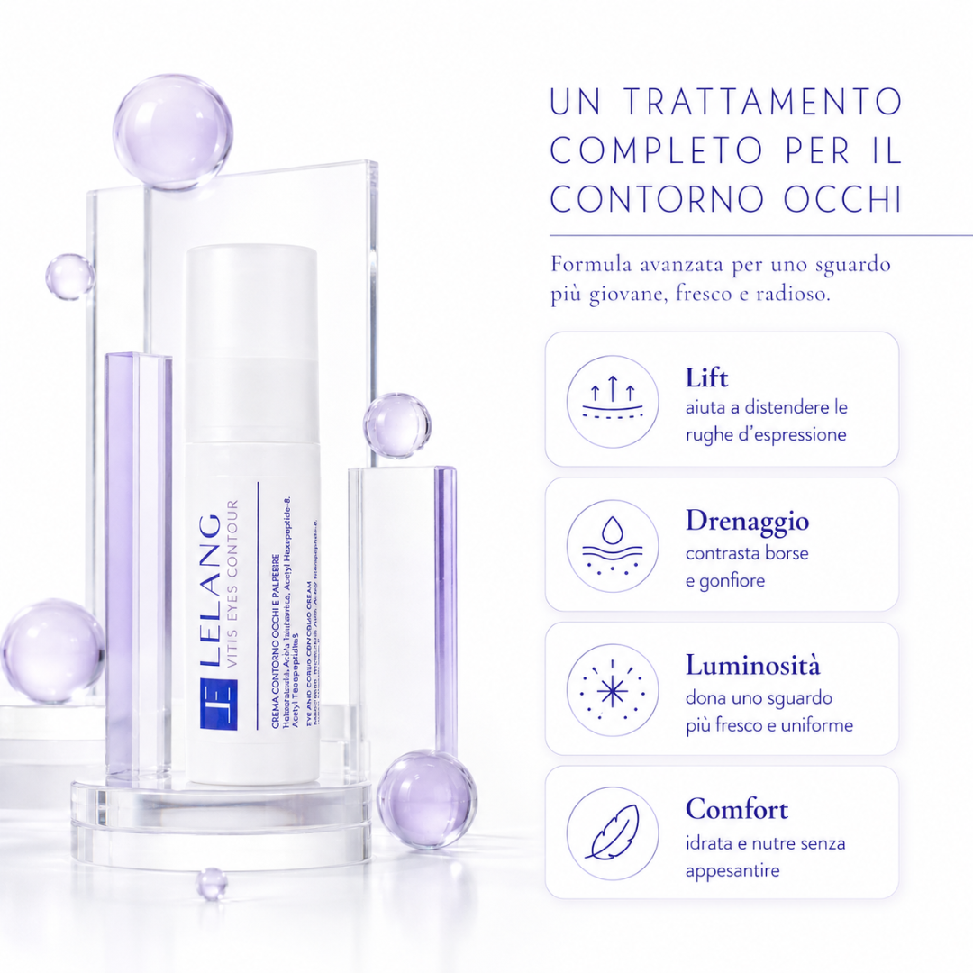 Crema contorno occhi Lelang Vitis Eyes Contour, un trattamento completo con formula avanzata per uno sguardo più giovane, fresco e radioso: effetto lift, drenaggio, luminosità e comfort