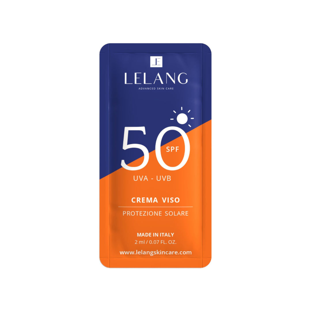 Solare Viso SPF 50 LeLang, crema viso UVA-UVB in bustina monodose tascabile